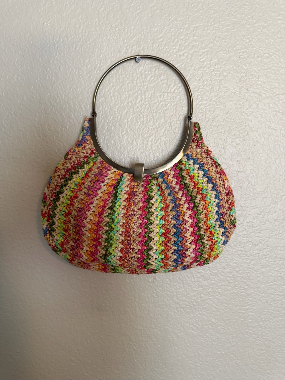 Multicolor Straw Crochet Mini Bag with Metal Ring Handle